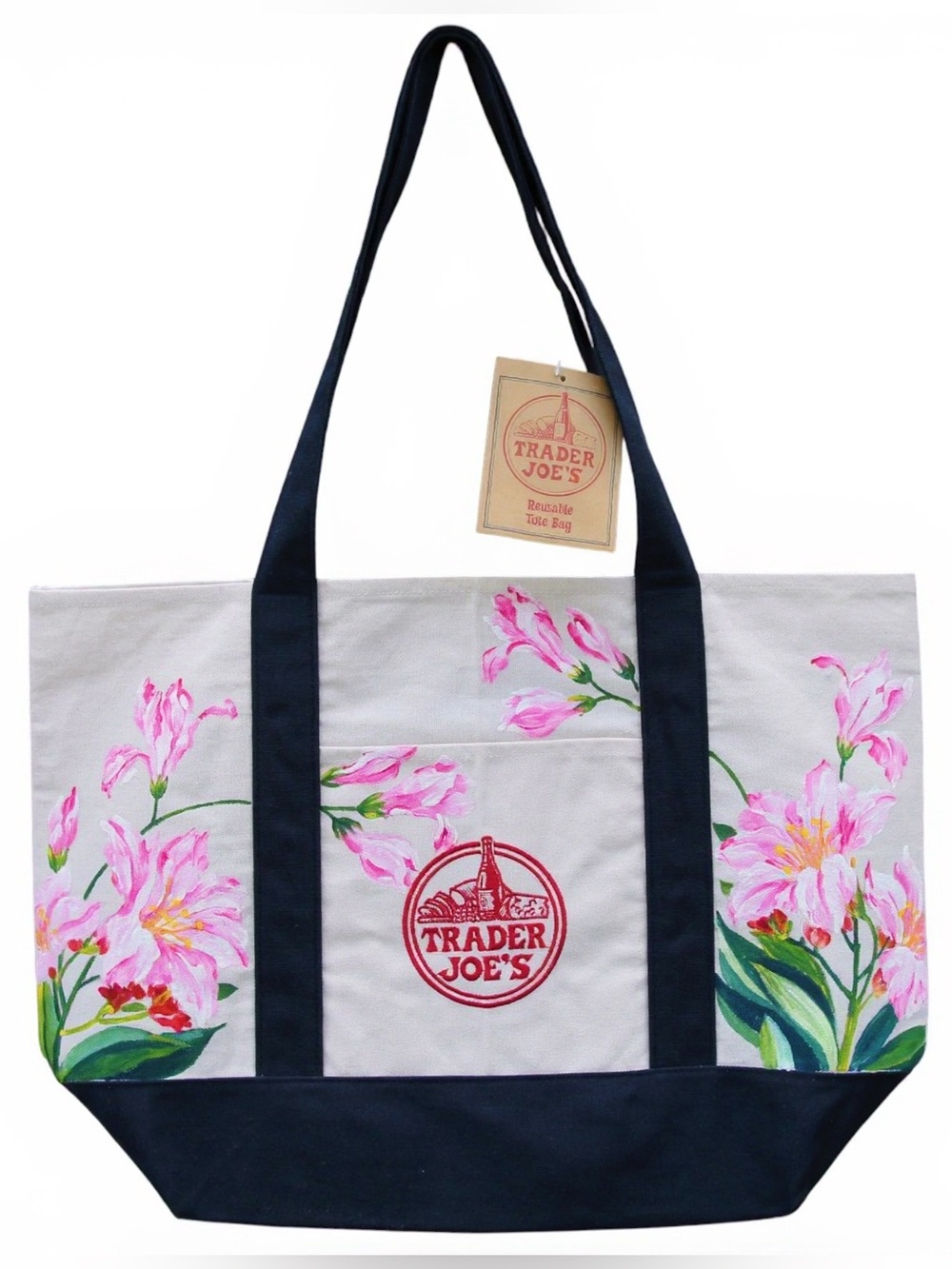 Hand Painted Trader Joe’s Canvas Tote Bag Pink Lily Floral Large Navy Blue